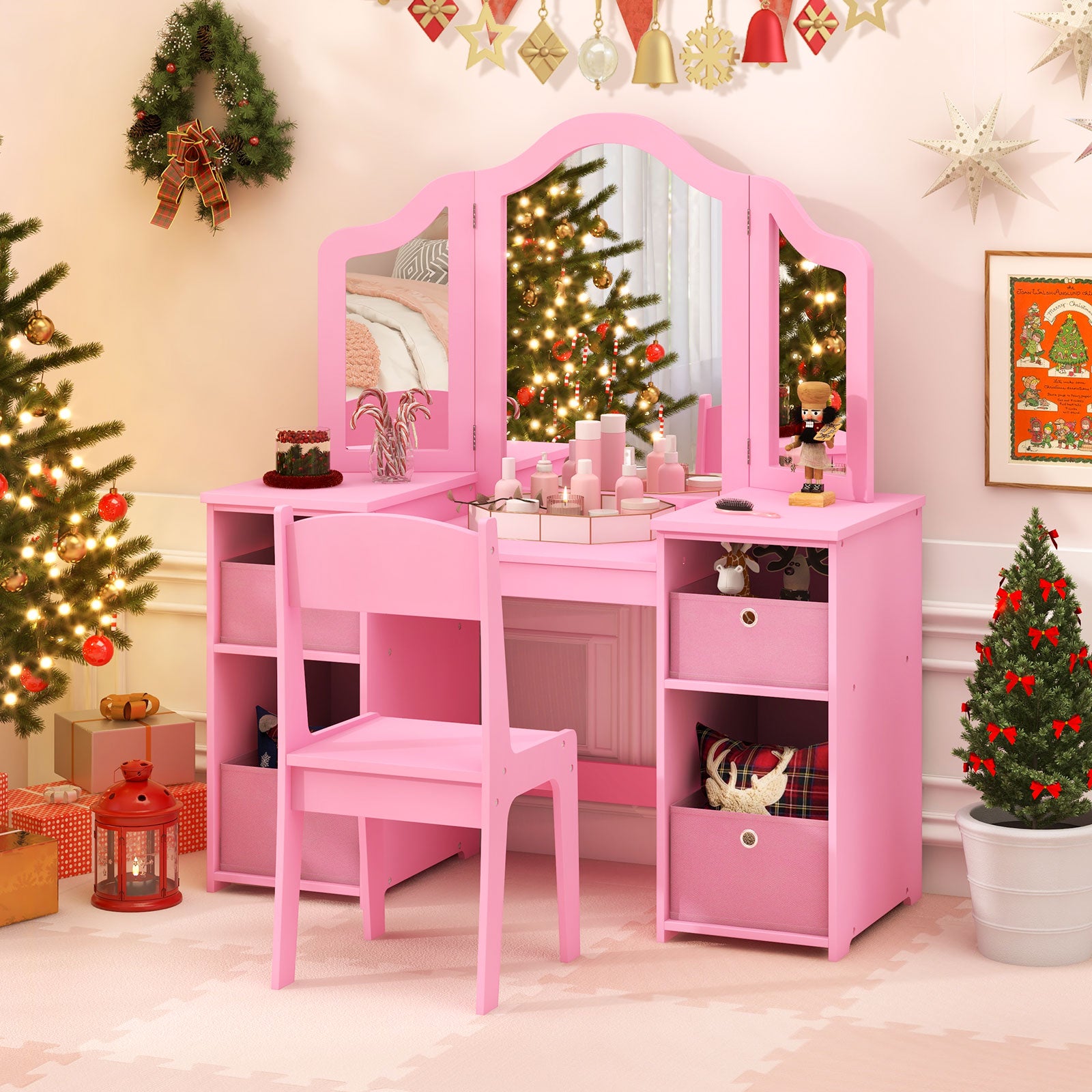 Kids Vanity Table and Chair Set with 3 Removable Mirrors and 4 Storage Bins for Children-Pink