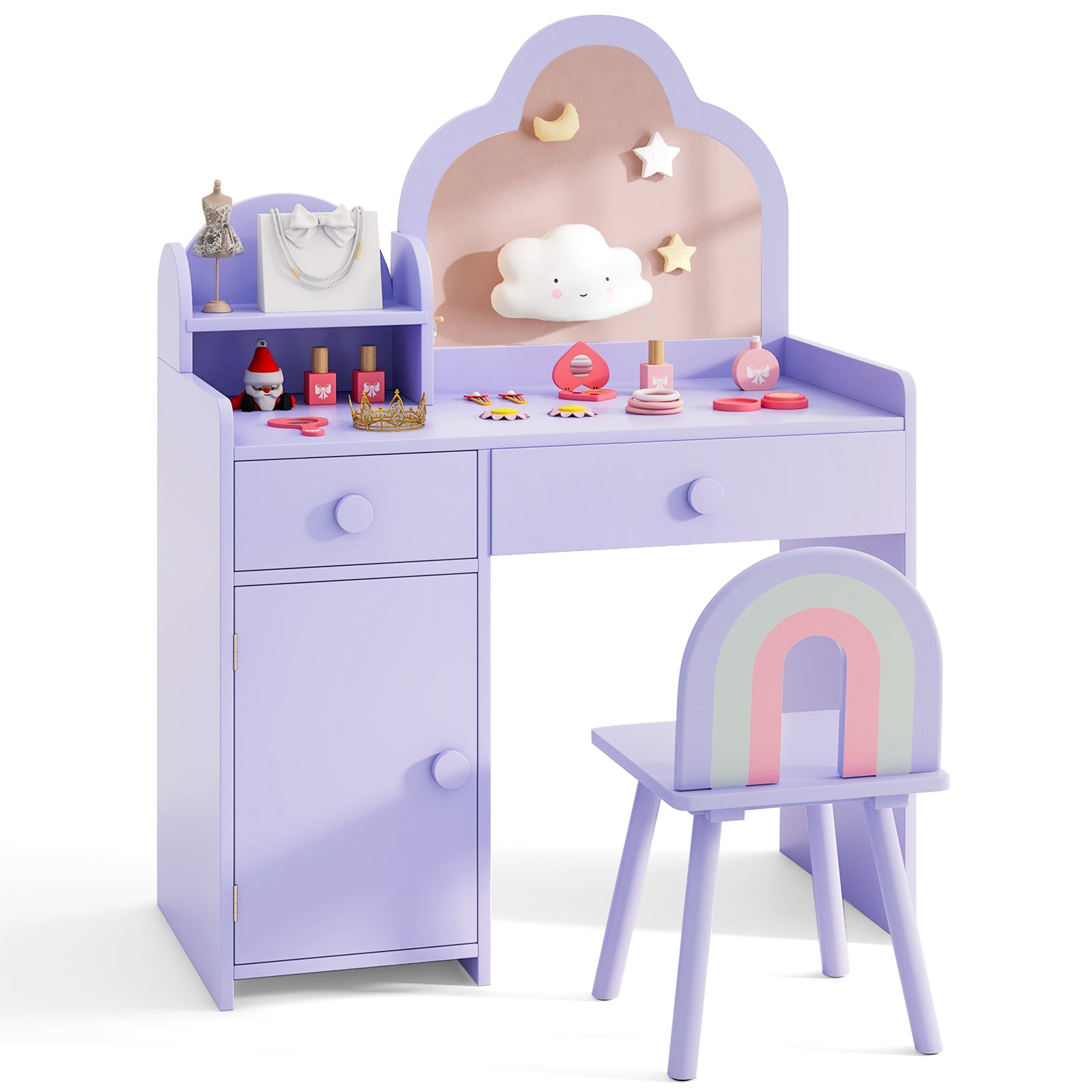 Kids Vanity Table and Chair Set with Cloud-shaped Mirror and Shelf Drawers-Purple