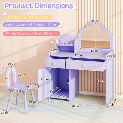 Kids Vanity Table and Chair Set with Cloud-shaped Mirror and Shelf Drawers-Purple