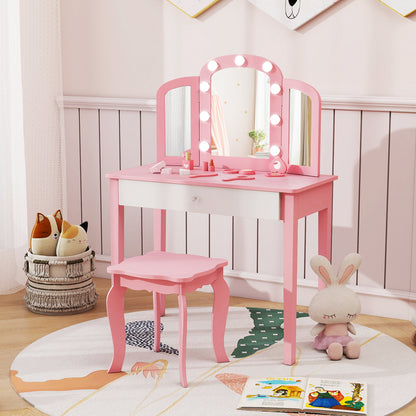 Kids Vanity Table with Mirror and Lights Princess Makeup Vanity Desk-Pink