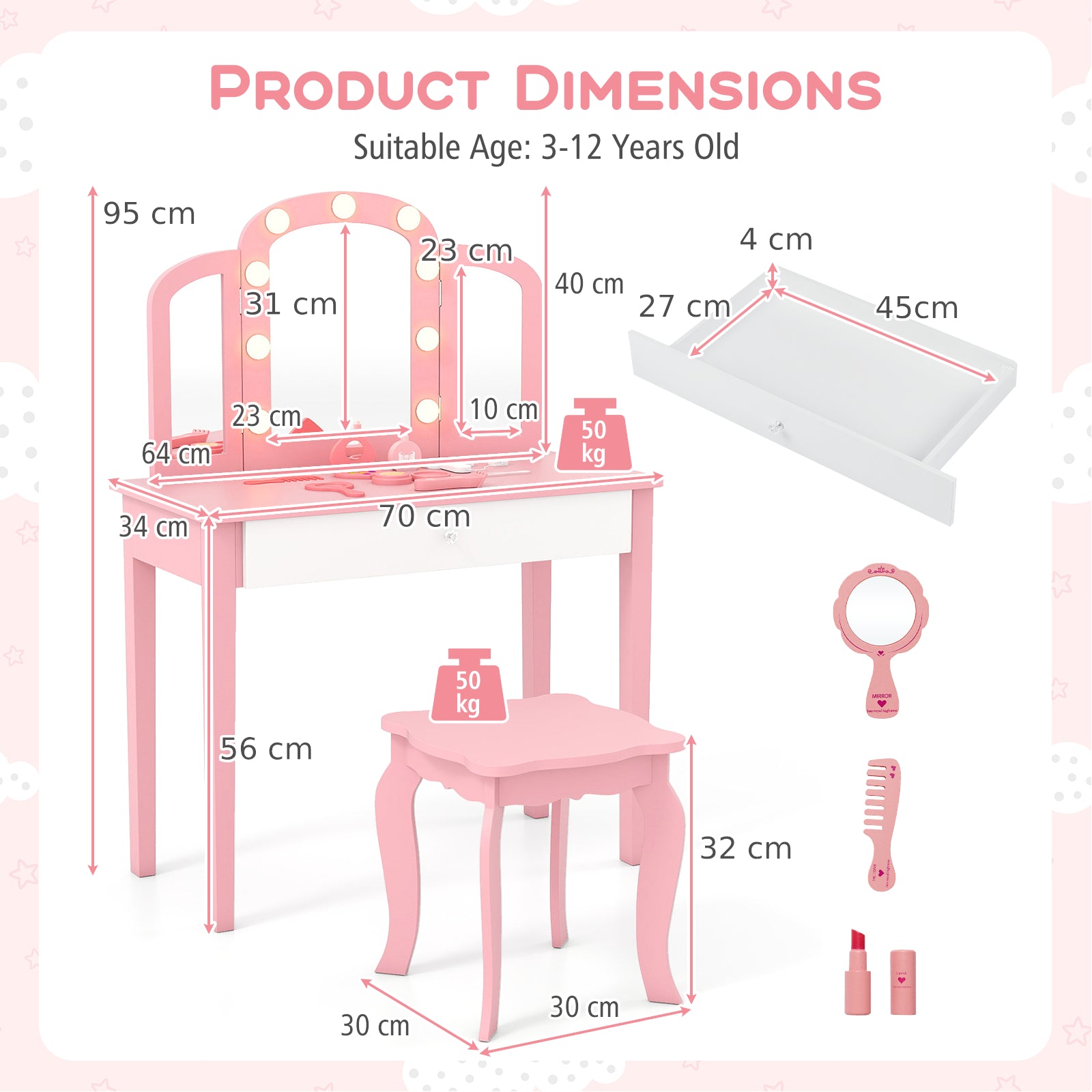 Kids Vanity Table with Mirror and Lights Princess Makeup Vanity Desk-Pink