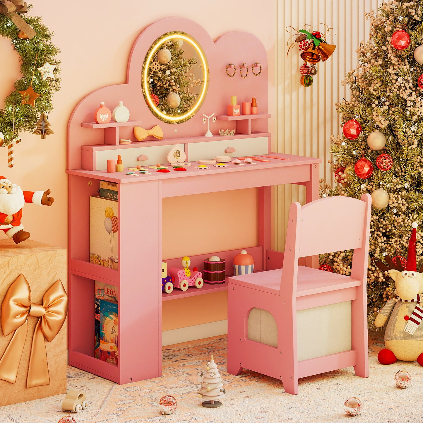 Kids Vanity with Lights Princess Vanity Table and Chair Set with 2 Drawers-Pink