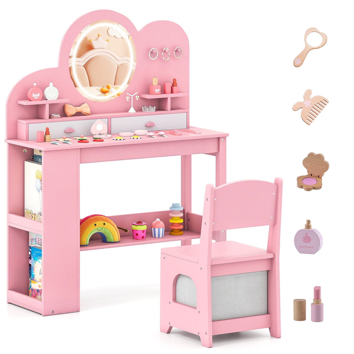 Kids Vanity with Lights Princess Vanity Table and Chair Set with 2 Drawers-Pink