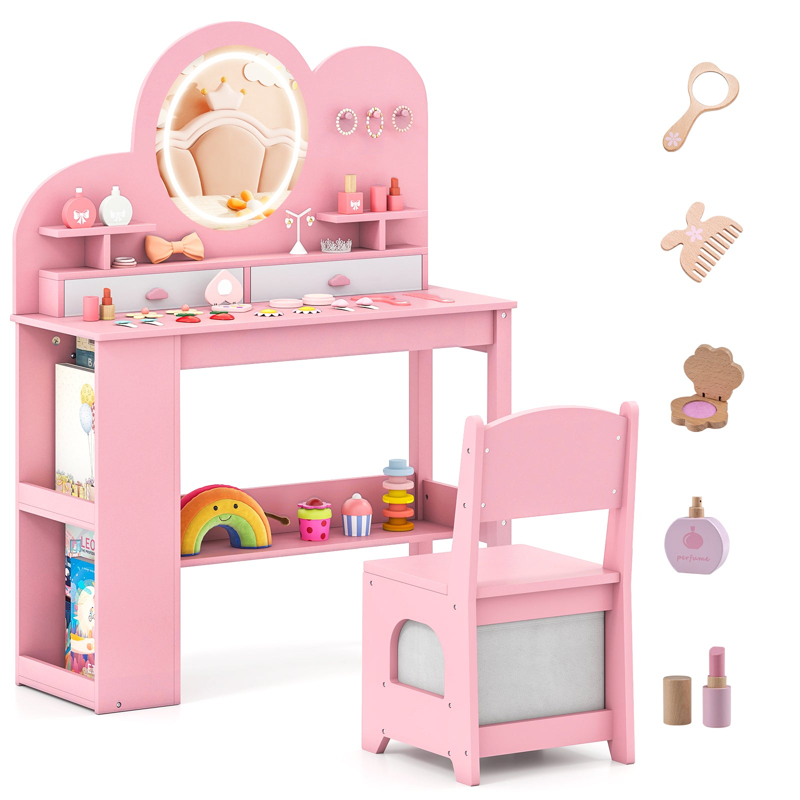 Kids Vanity with Lights Princess Vanity Table and Chair Set with 2 Drawers-Pink