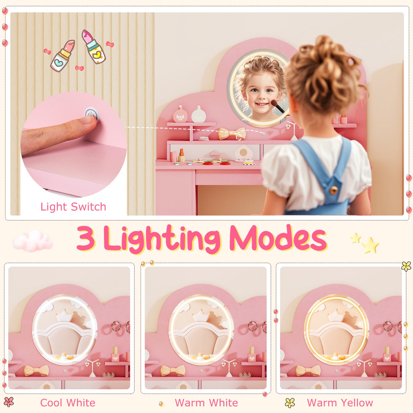 Kids Vanity with Lights Princess Vanity Table and Chair Set with 2 Drawers-Pink
