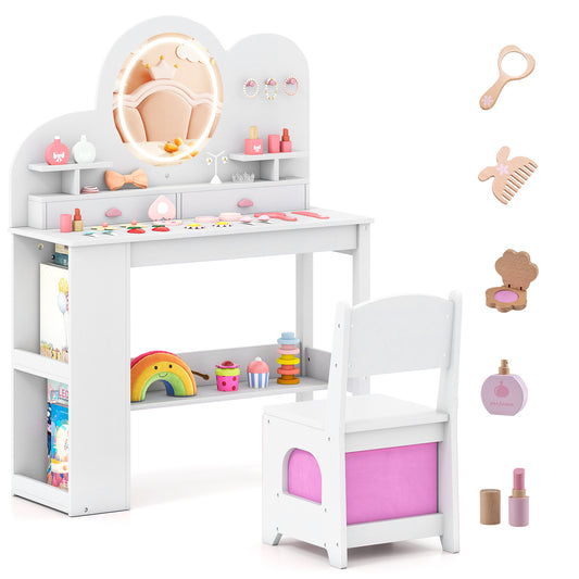 Kids Vanity with Lights Princess Vanity Table and Chair Set with 2 Drawers-White