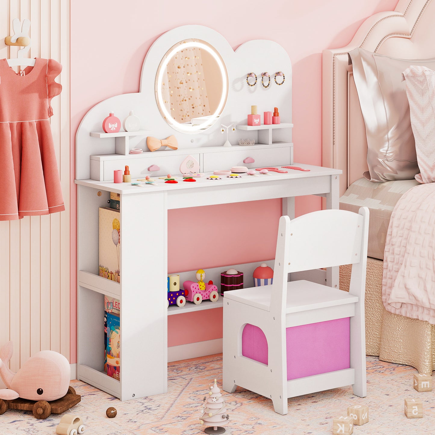 Kids Vanity with Lights Princess Vanity Table and Chair Set with 2 Drawers-White