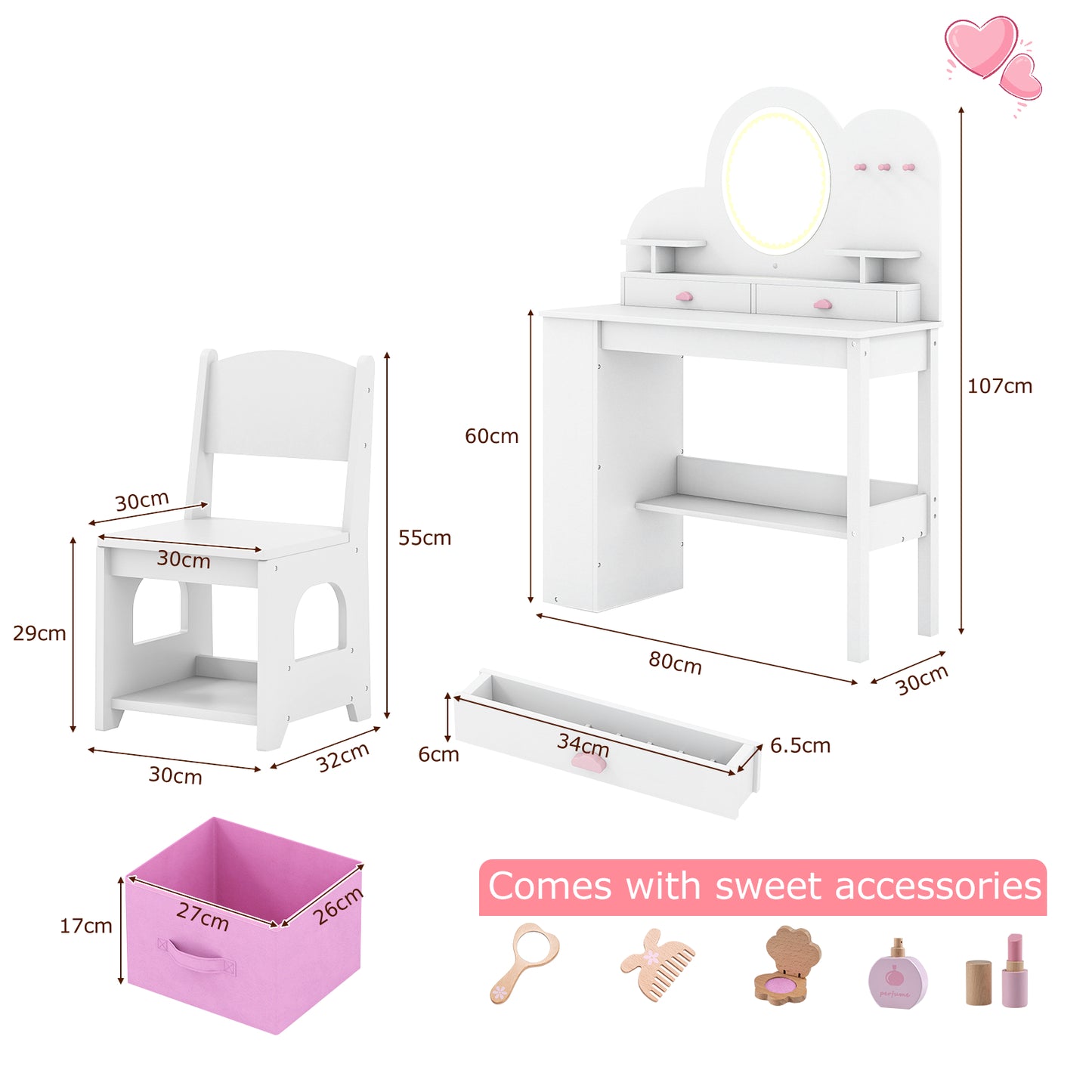Kids Vanity with Lights Princess Vanity Table and Chair Set with 2 Drawers-White