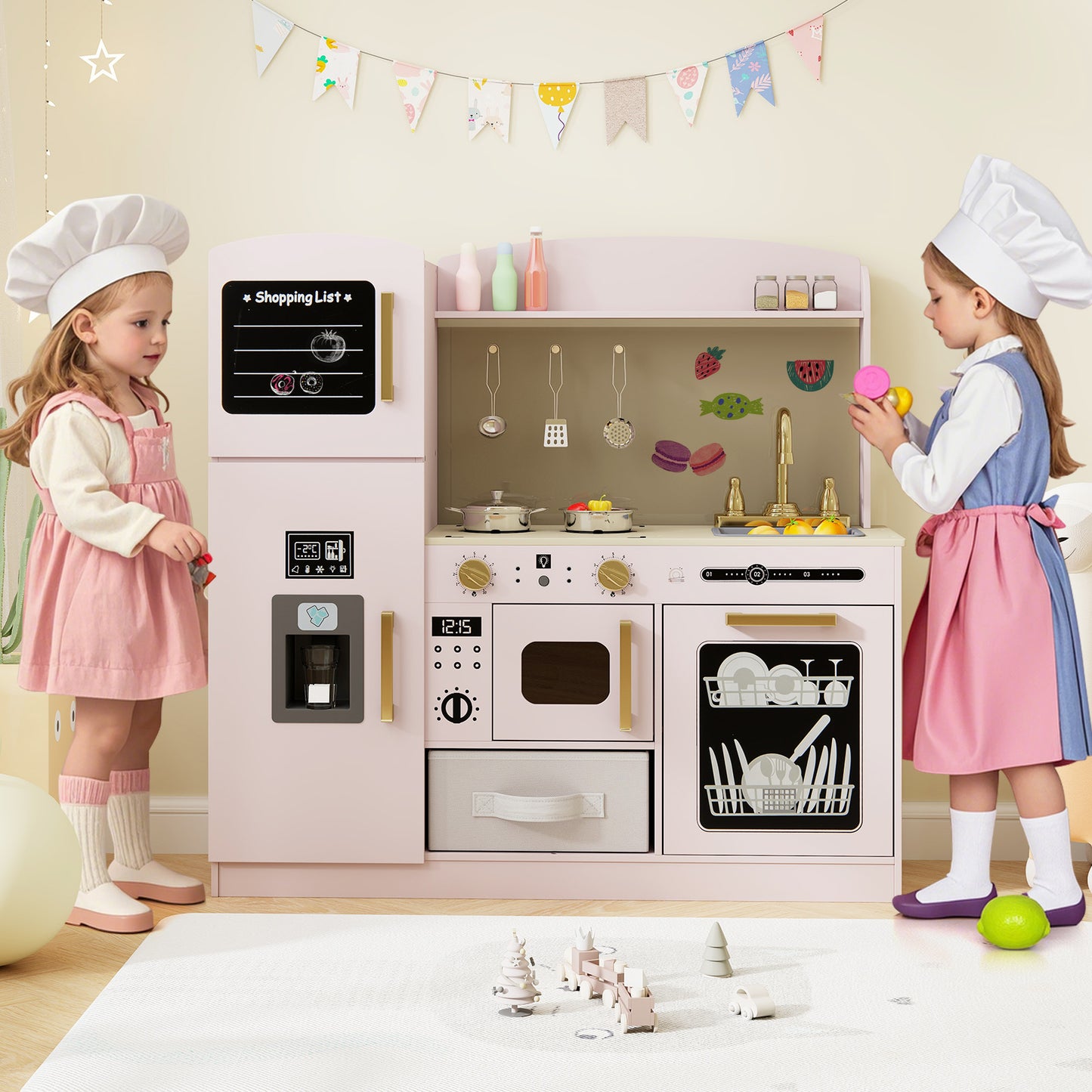 Kids Wooden Kitchen Playset Pretend Play with Chalkboard and Ice Maker-Pink
