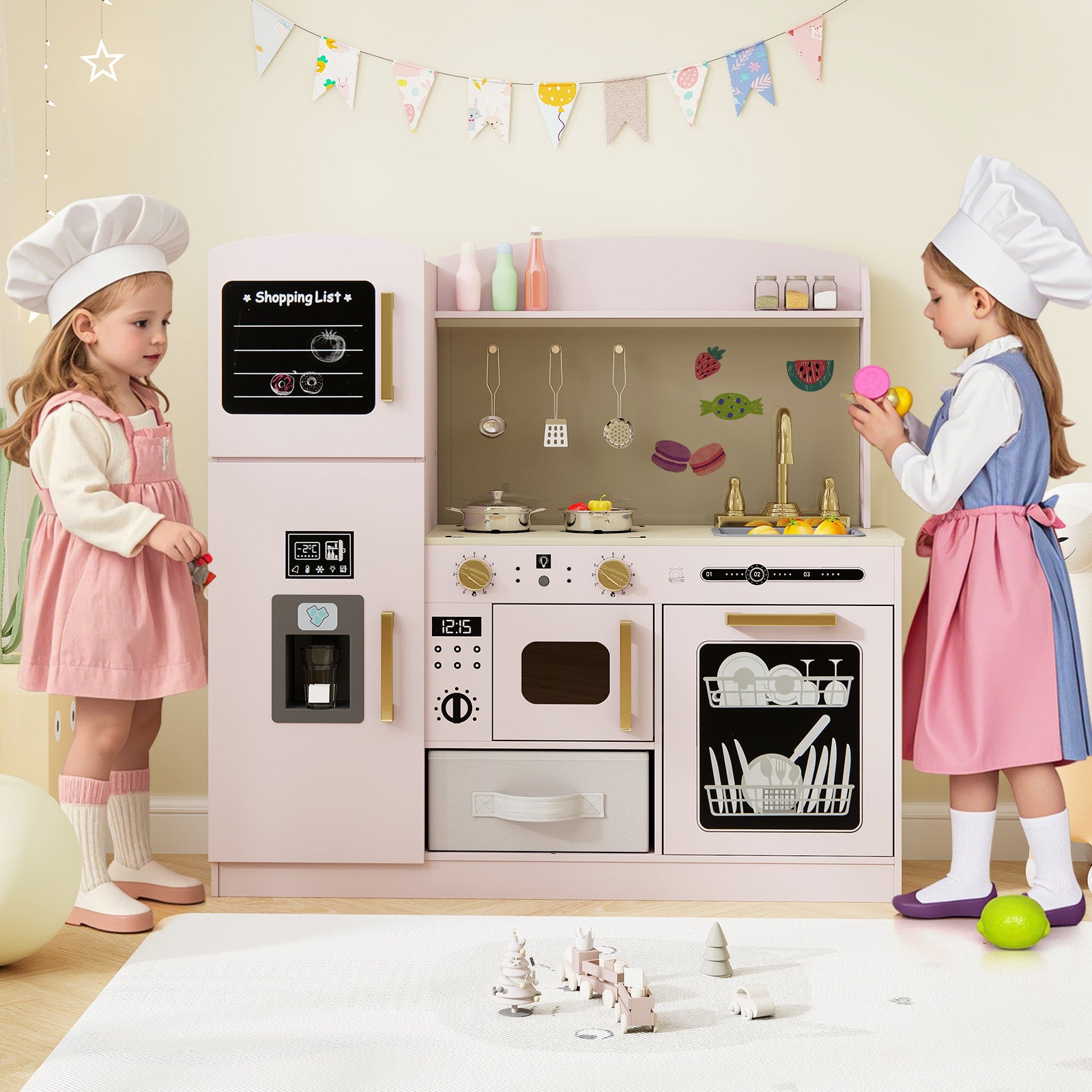 Kids Wooden Kitchen Playset Pretend Play with Chalkboard and Ice Maker-Pink