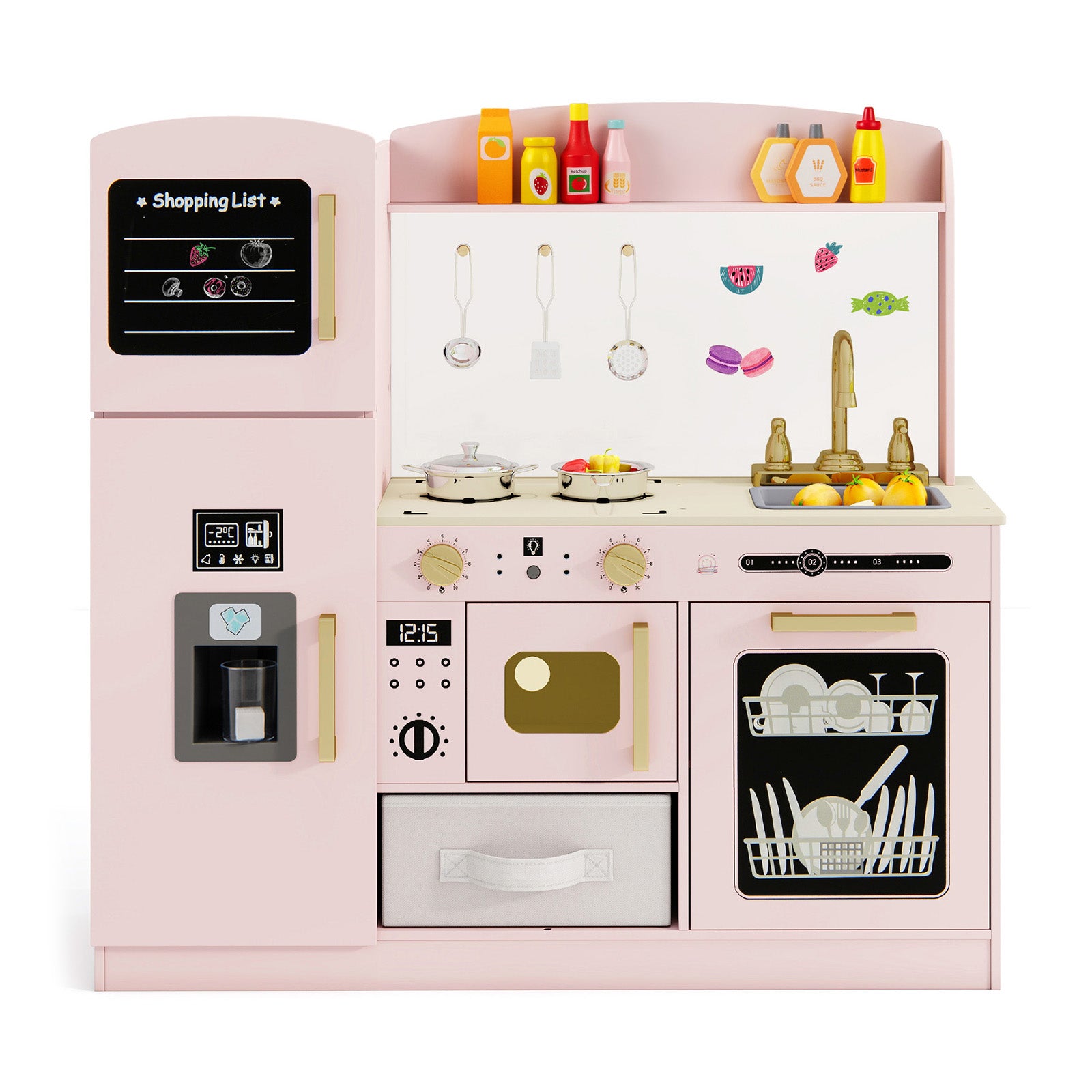 Kids Wooden Kitchen Playset Pretend Play with Chalkboard and Ice Maker-Pink