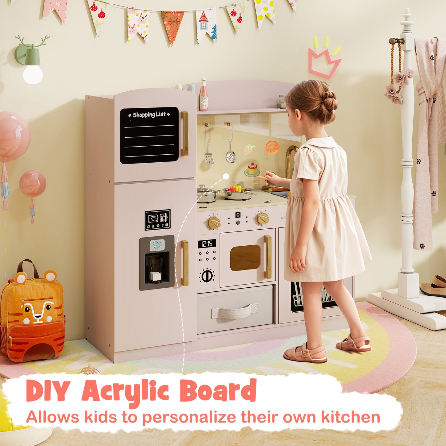 Kids Wooden Kitchen Playset Pretend Play with Chalkboard and Ice Maker-Pink