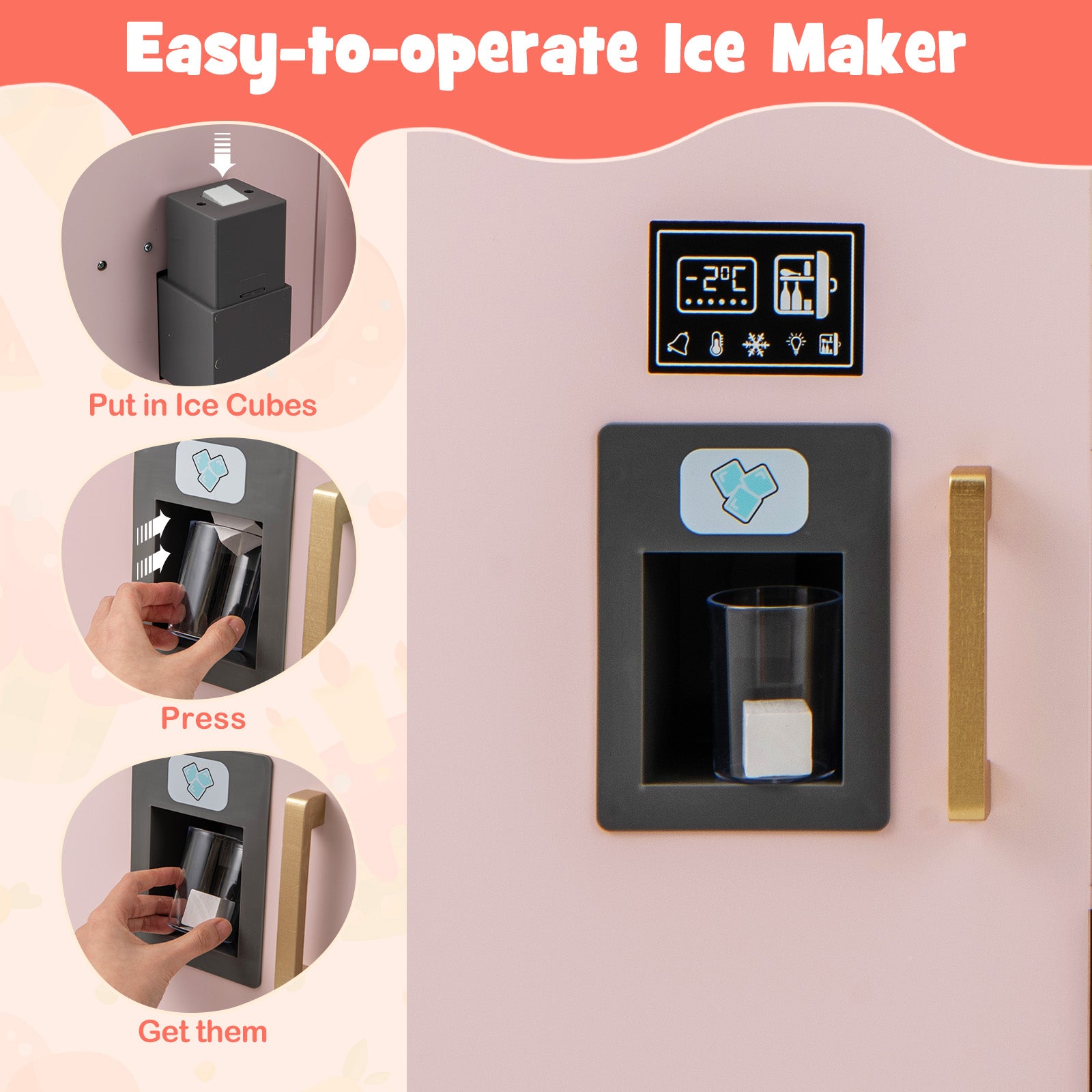 Kids Wooden Kitchen Playset Pretend Play with Chalkboard and Ice Maker-Pink