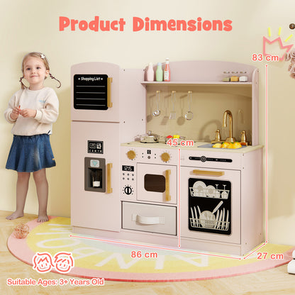 Kids Wooden Kitchen Playset Pretend Play with Chalkboard and Ice Maker-Pink