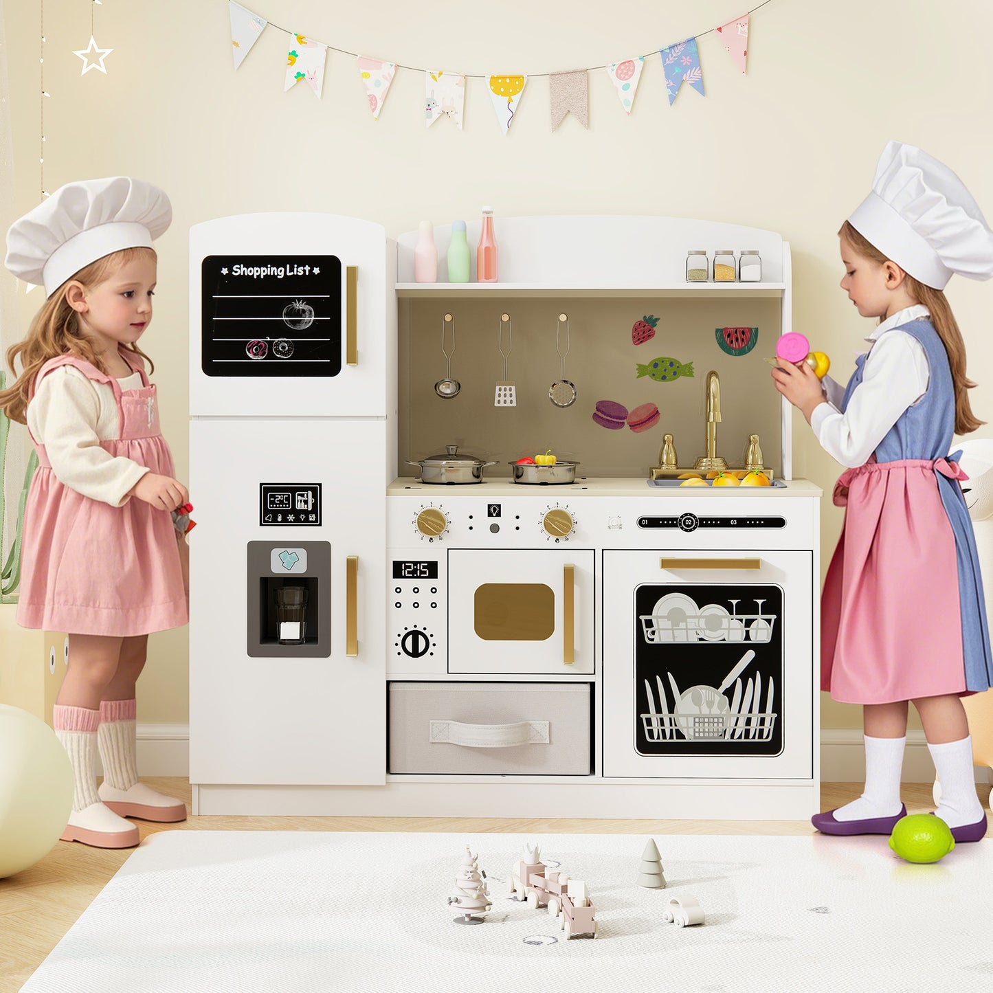 Kids Wooden Kitchen Playset Pretend Play with Chalkboard and Ice Maker-White