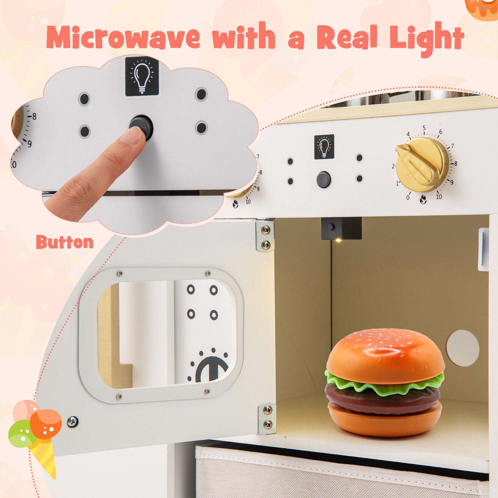 Kids Wooden Kitchen Playset Pretend Play with Chalkboard and Ice Maker-White