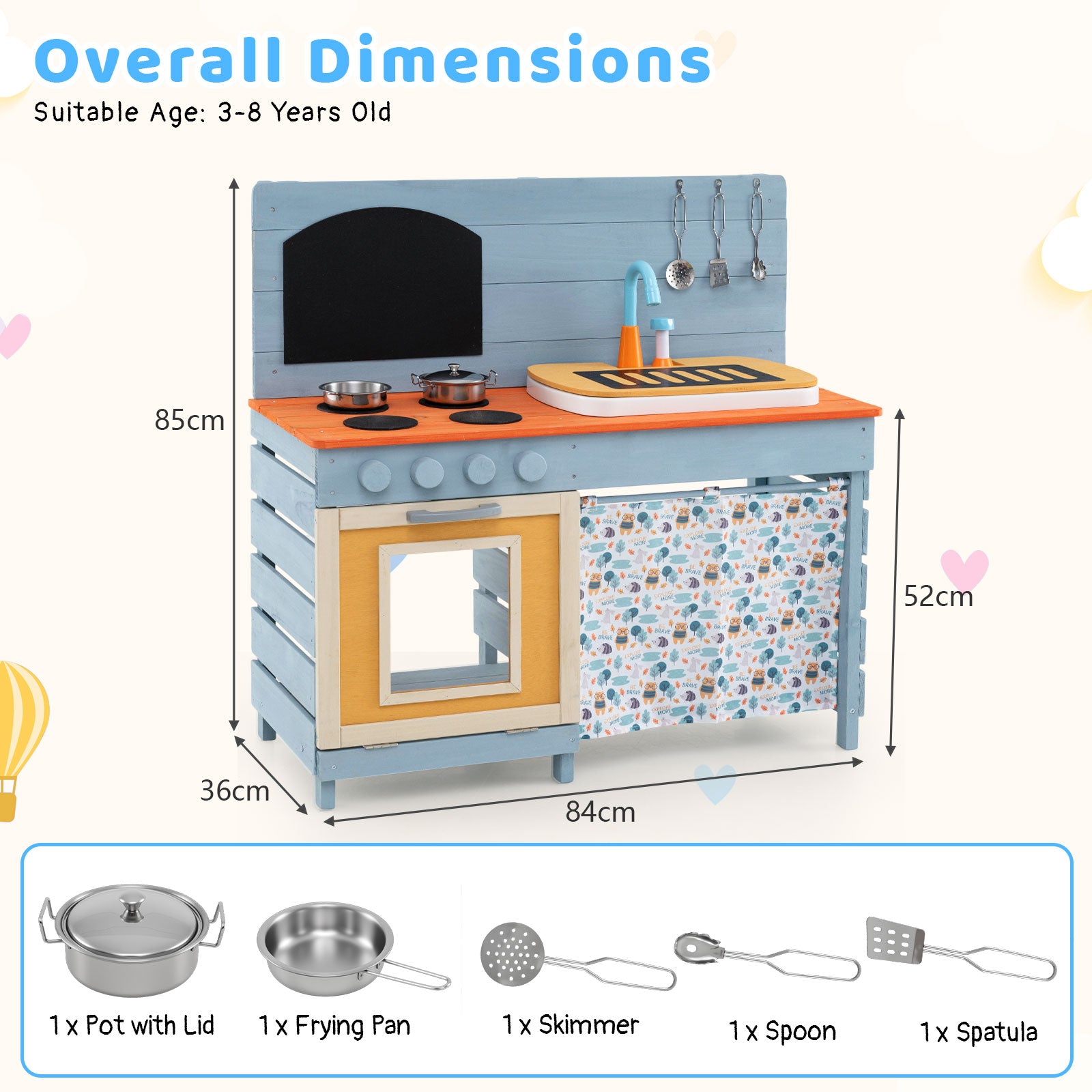 Kids Wooden Play Kitchen Set with Stoves Sink Faucet for Boys Girls Aged 3-8 -Blue