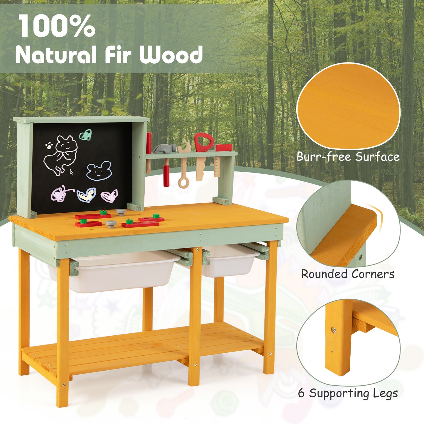 Kids Wooden Toy Workbench with Blackboard for Ages 3-8 Years Old