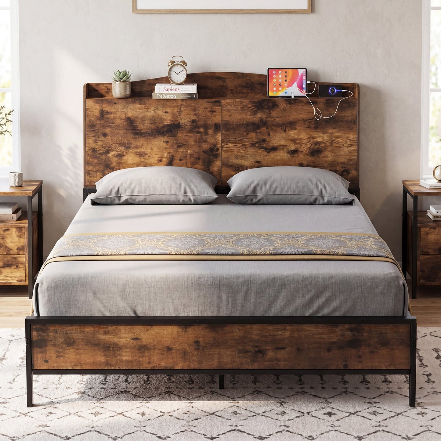 King Size Industrial Metal Platform Bed Frame with Charging Station and Storage Headboard-King Size