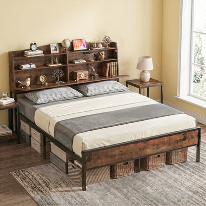 King Size Industrial Metal Platform Bed Frame with Charging Station and Storage Headboard-King Size
