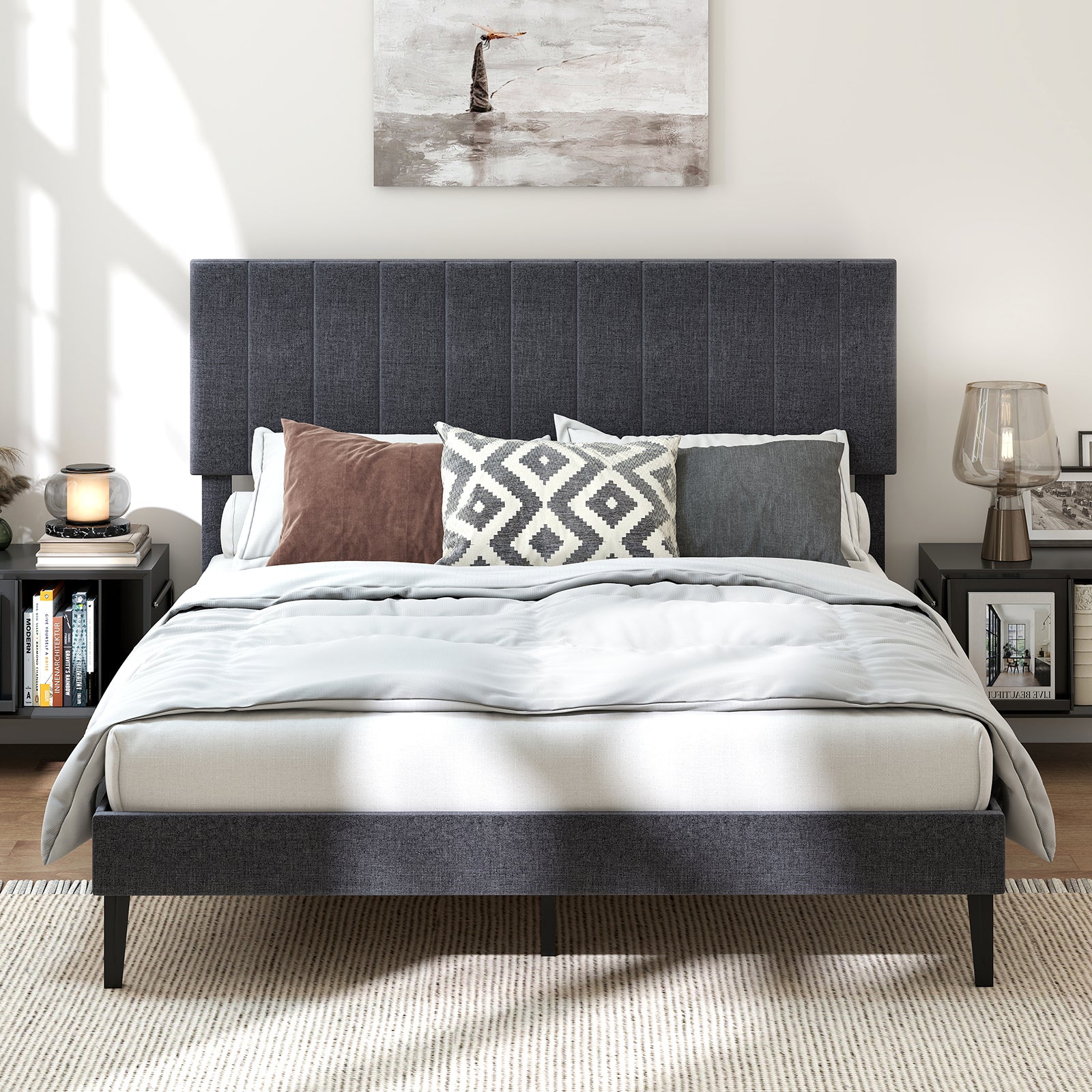 King/Double Size Linen Fabric Bed Frame with Height Adjustable Headboard-Grey-King Size