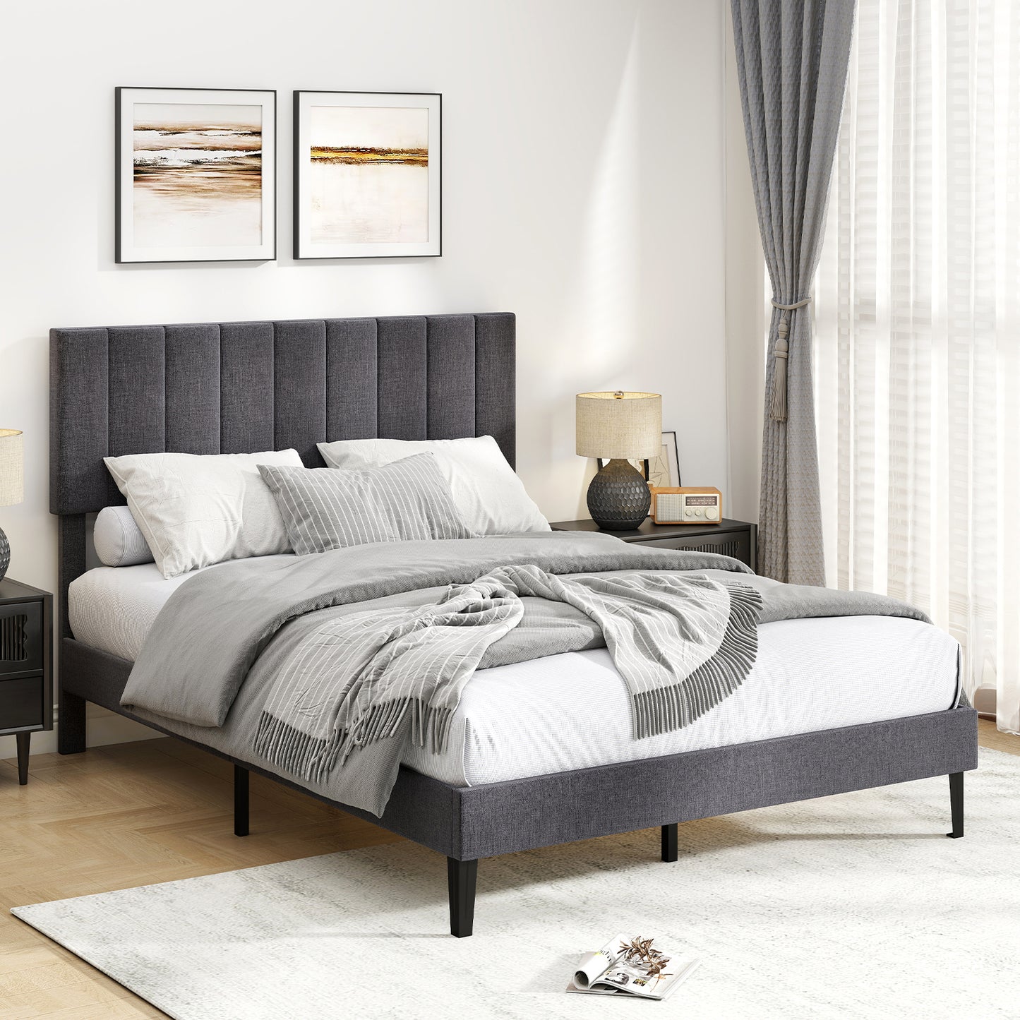 King/Double Size Linen Fabric Bed Frame with Height Adjustable Headboard-Grey-Double Size