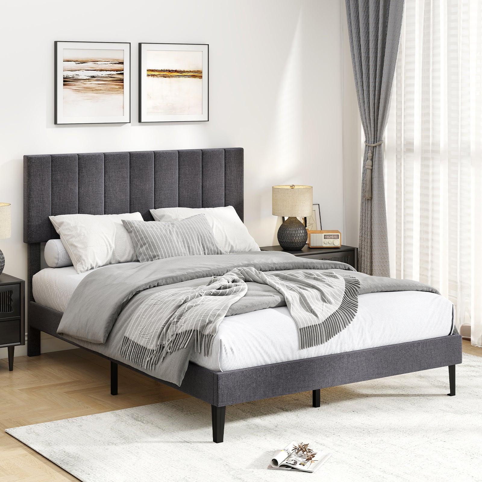 King/Double Size Linen Fabric Bed Frame with Height Adjustable Headboard-Grey-Double Size