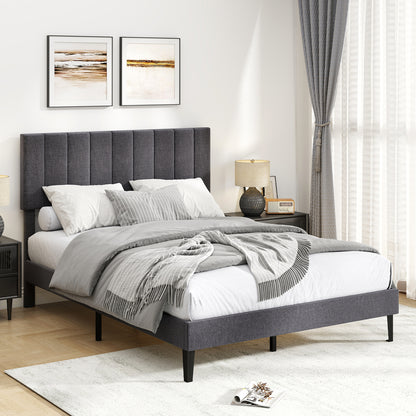 King/Double Size Linen Fabric Bed Frame with Height Adjustable Headboard-Grey-Double Size