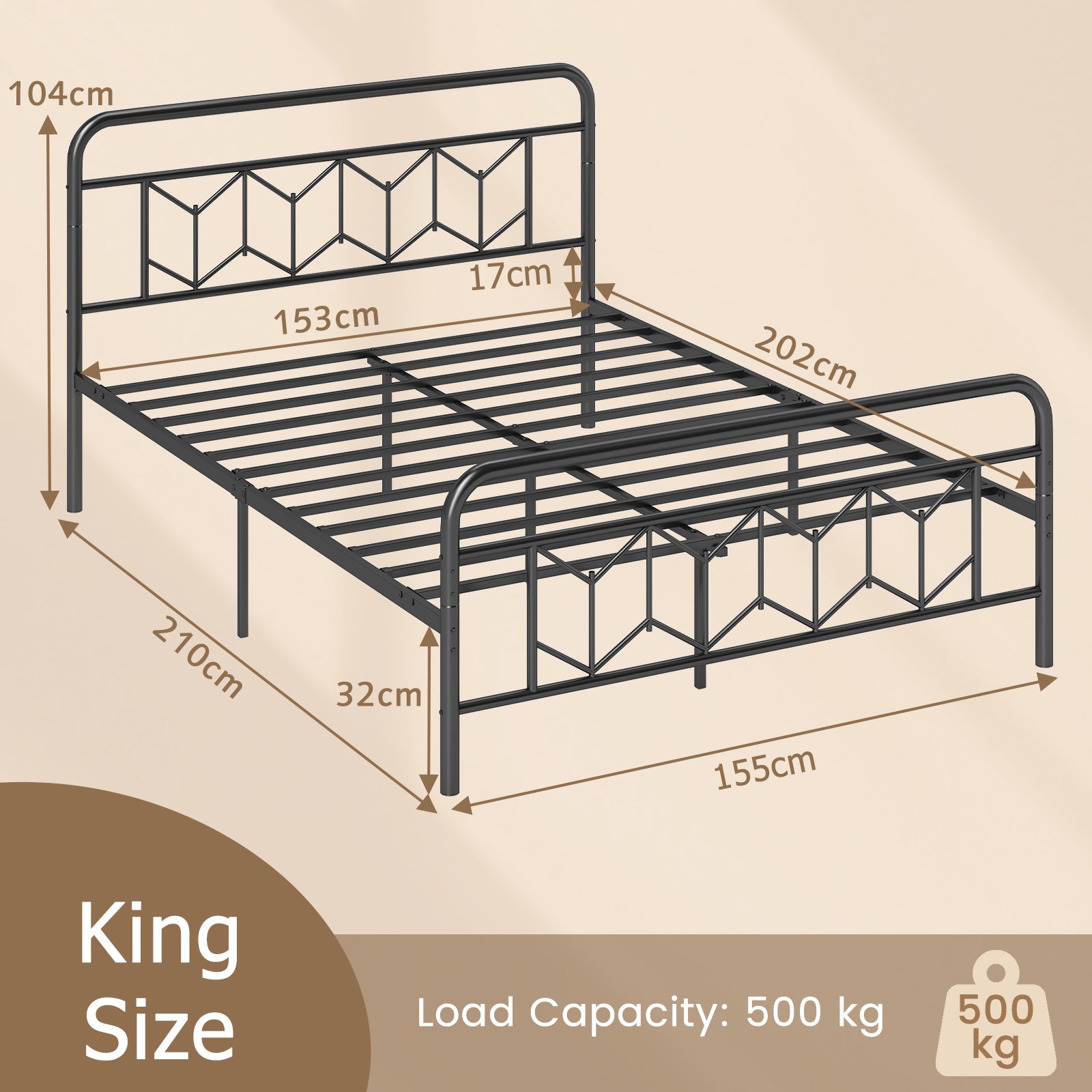 Single/Double/King Size Metal Bed Frame with High Headboard and Mute Bar-Black-King Size