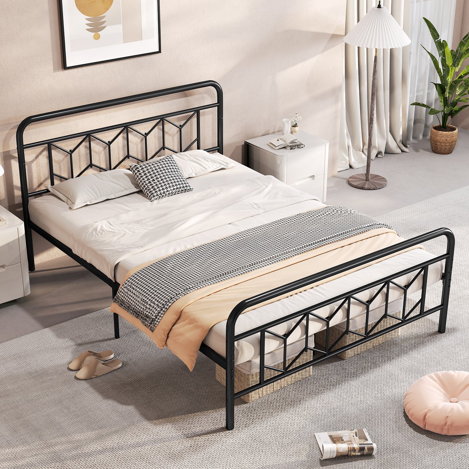 Single/Double/King Size Metal Bed Frame with High Headboard and Mute Bar-Black-King Size