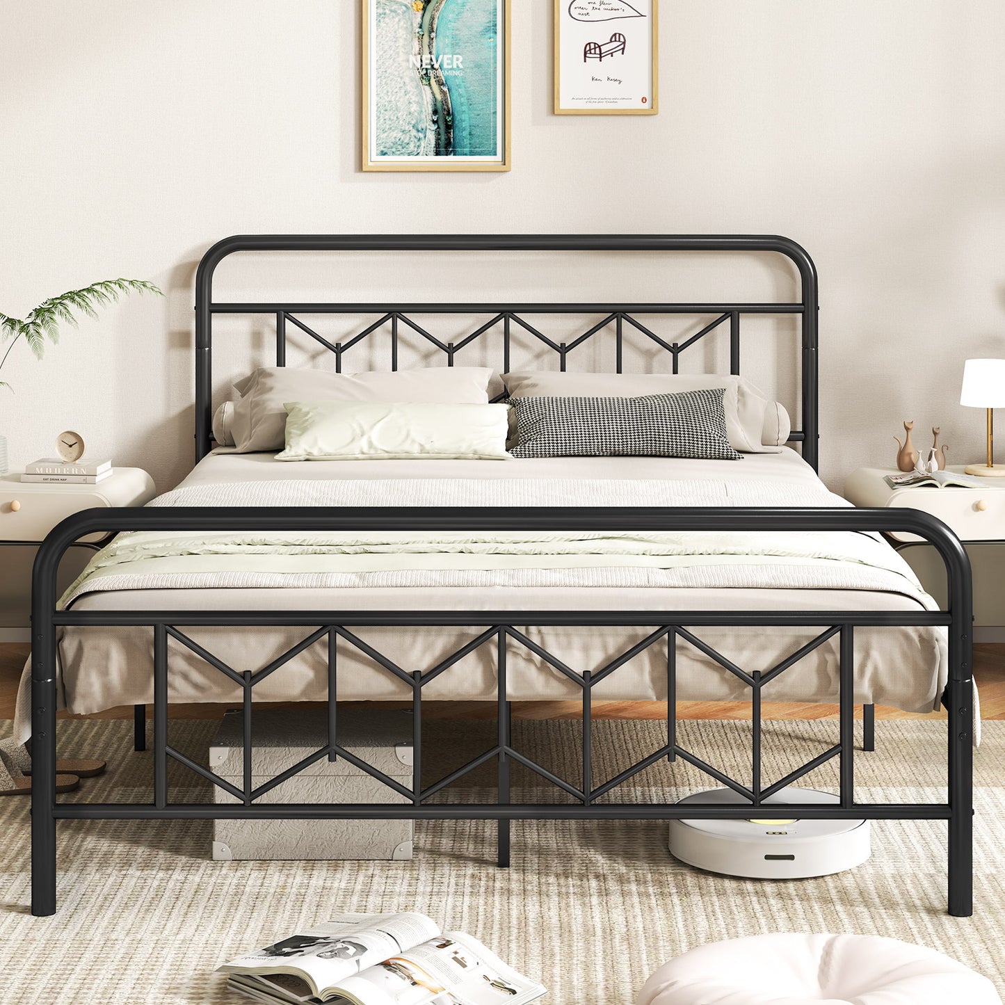 Single/Double/King Size Metal Bed Frame with High Headboard and Mute Bar-Black-King Size