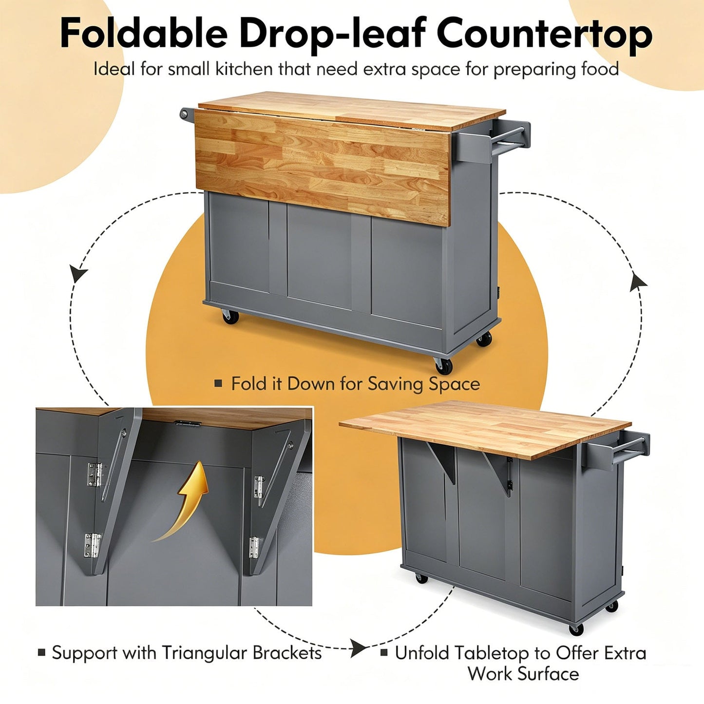 Kitchen Island Trolley with 3 Drawers and 2-door Cabinet-Gray