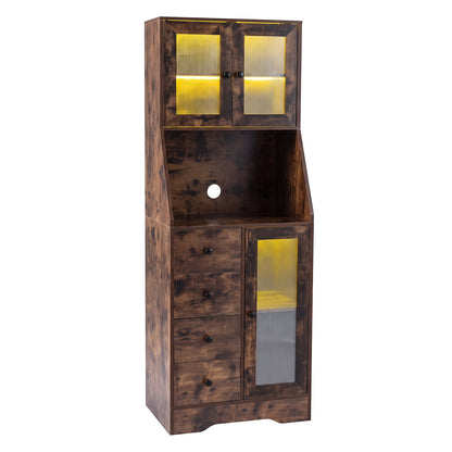 Kitchen Pantry Cabinet with Adjustable LED Lights and Doors-Rustic Brown