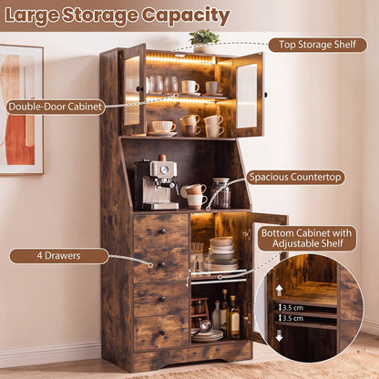 Kitchen Pantry Cabinet with Adjustable LED Lights and Doors-Rustic Brown