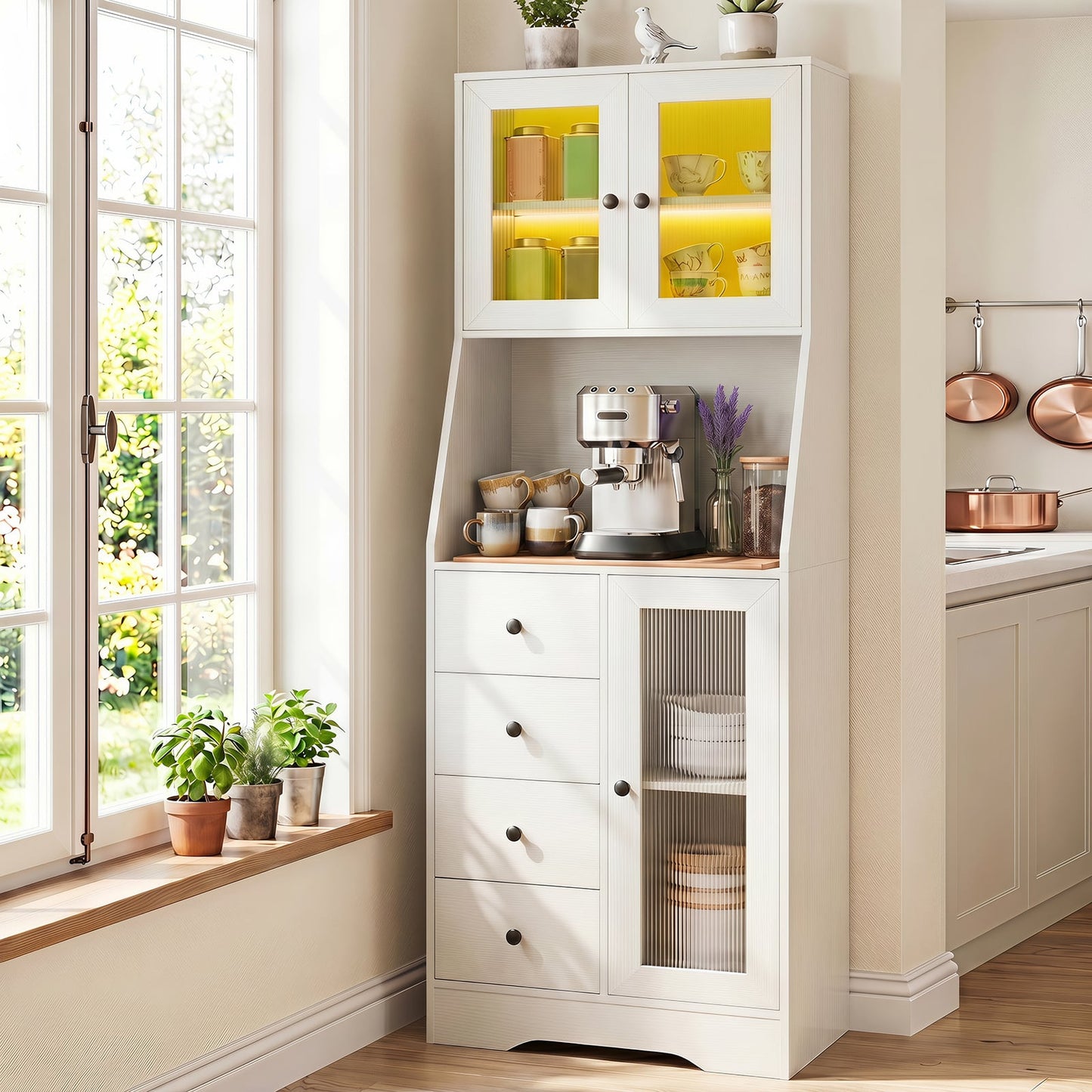 Kitchen Pantry Cabinet with Adjustable LED Lights and Doors-White