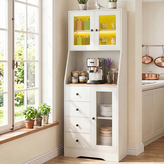 Kitchen Pantry Cabinet with Adjustable LED Lights and Doors-White