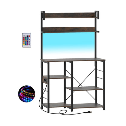 Kitchen Bakers Rack with Power Outlet 5-Tier Microwave Oven Stand with LED Lights-Rustic Brown
