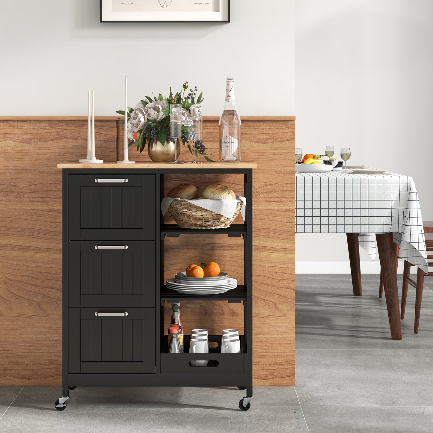 Kitchen Island Rolling Cart Utility Cart on Lockable Wheels with 3 Drawers-Black