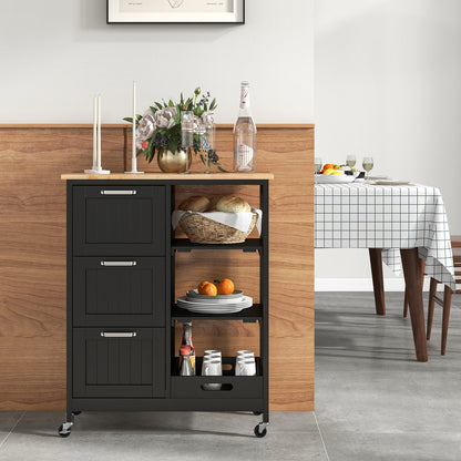 Kitchen Island Rolling Cart Utility Cart on Lockable Wheels with 3 Drawers-Black