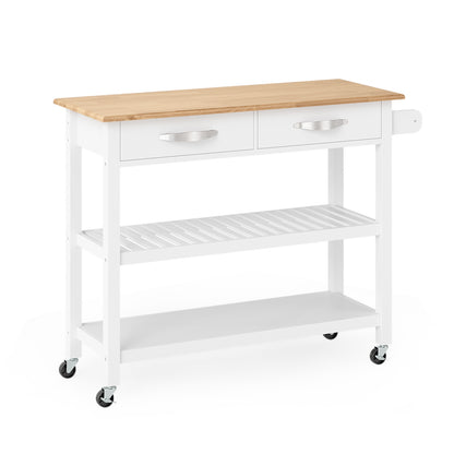 Kitchen Island with Storage 3-Tier Rolling Utility Cart with Wood Countertop-White