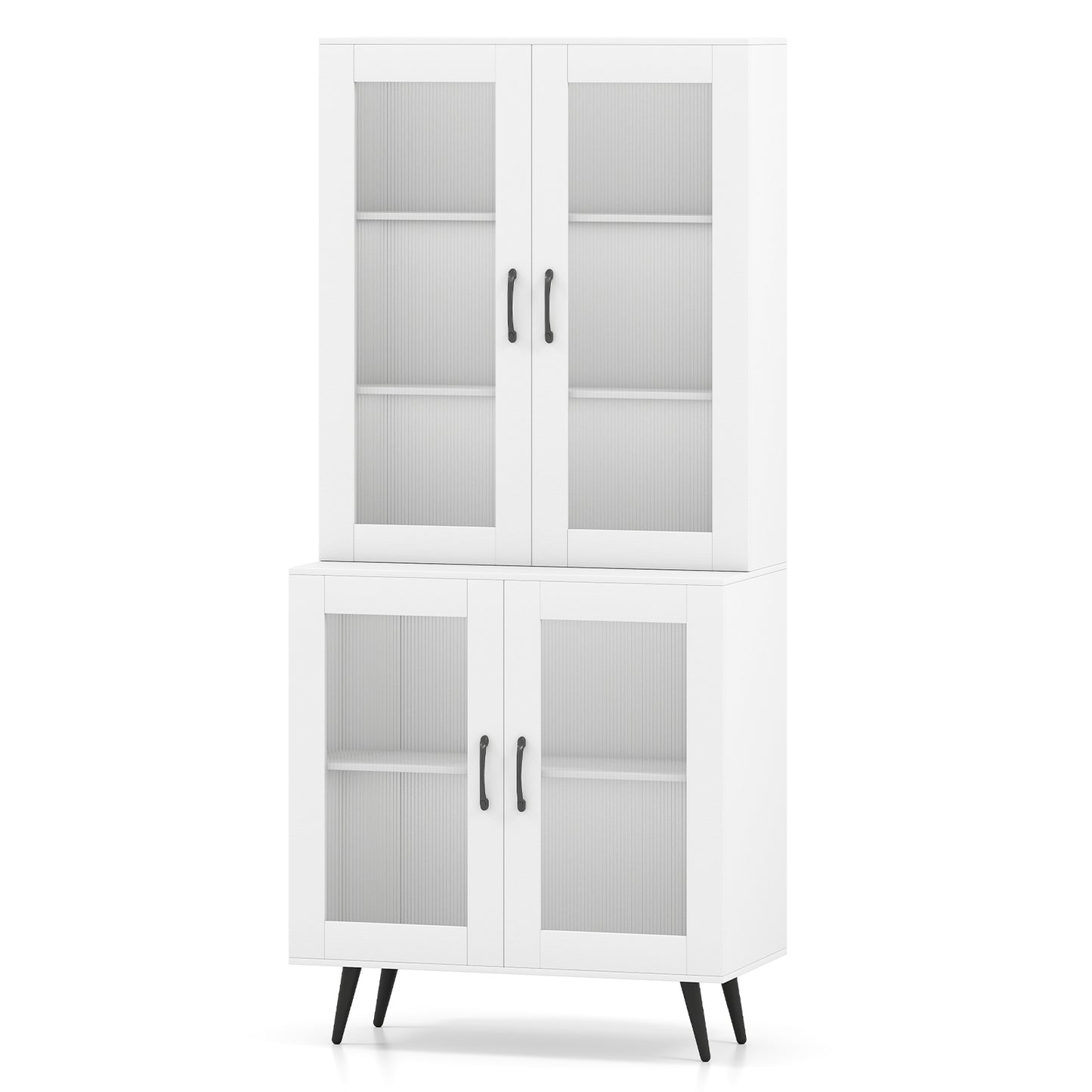 Kitchen Pantry Cabinet with Transparent Doors and Metal Legs-White