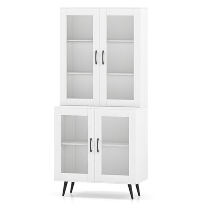 Kitchen Pantry Cabinet with Transparent Doors and Metal Legs-White