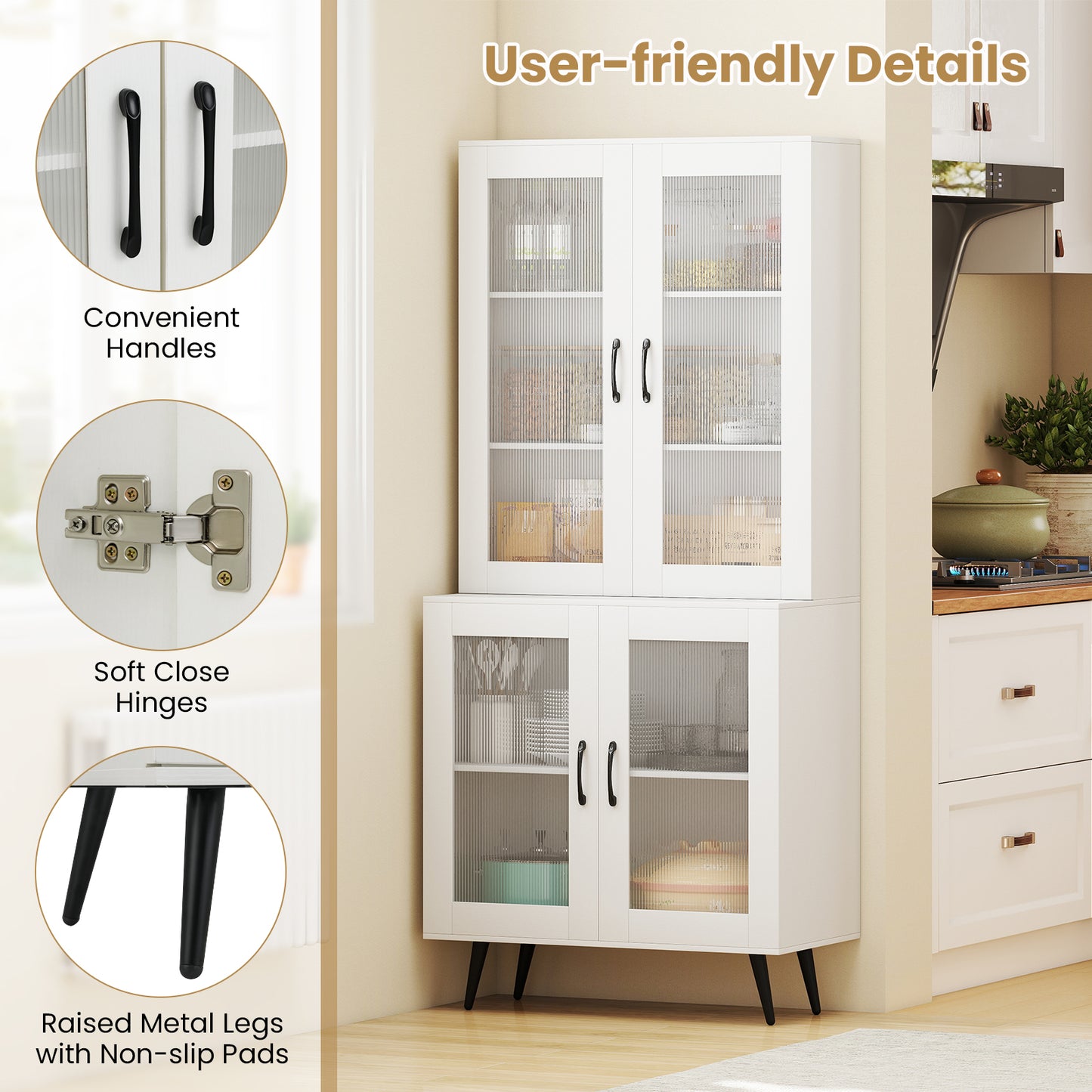Kitchen Pantry Cabinet with Transparent Doors and Metal Legs-White