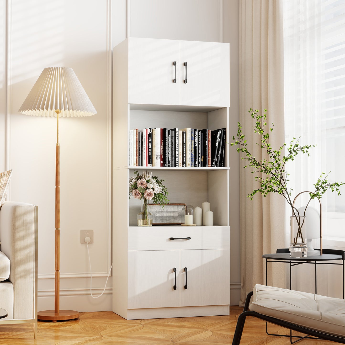 Kitchen Pantry Cabinet with Charging Station 168 cm Tall Cupboard with 4 Doors and 2 Adjustable Shelves-White