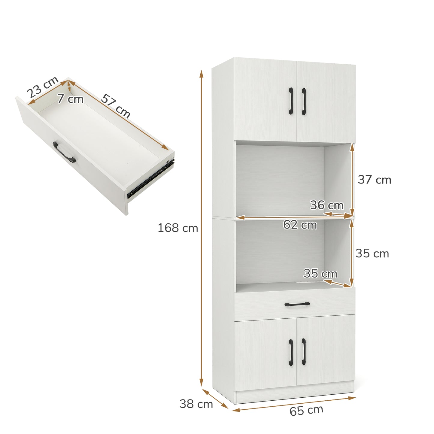 Kitchen Pantry Cabinet with Charging Station 168 cm Tall Cupboard with 4 Doors and 2 Adjustable Shelves-White
