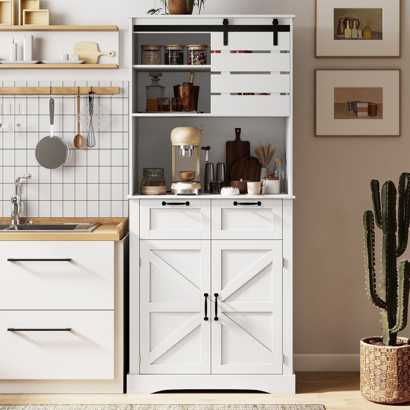 Kitchen Pantry Cabinet with Power Outlet Tall Coffee Bar Cabinet with Doors Drawers and Adjustable Shelf-White