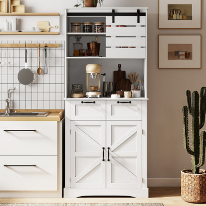Kitchen Pantry Cabinet with Power Outlet Tall Coffee Bar Cabinet with Doors Drawers and Adjustable Shelf-White