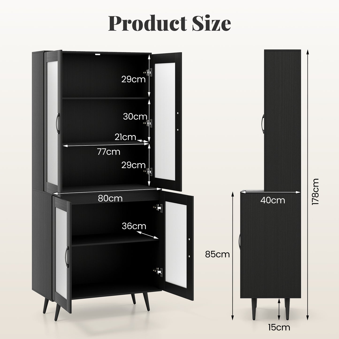 Kitchen Pantry Cabinet with Transparent Doors and Metal Legs-Black