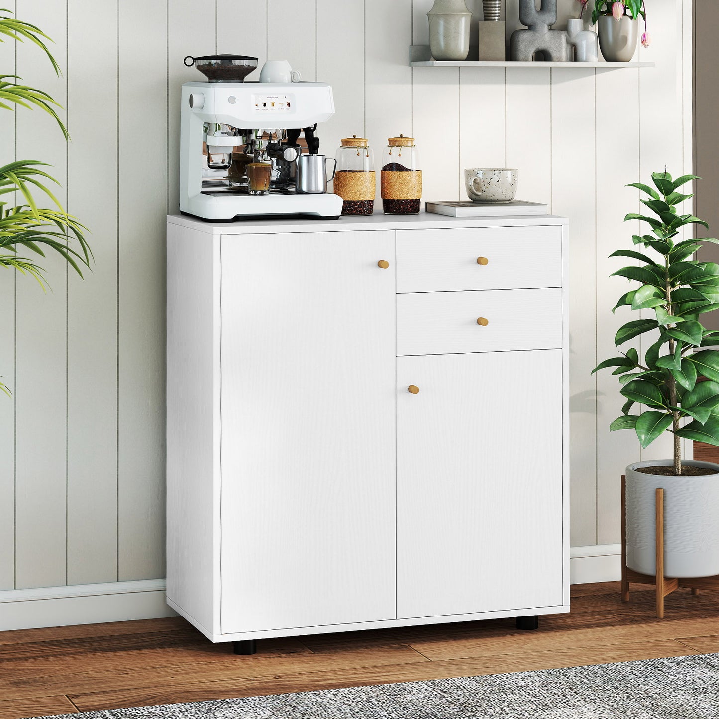 Kitchen Sideboard Buffet Cabinet with 3 Adjustable Shelves-White