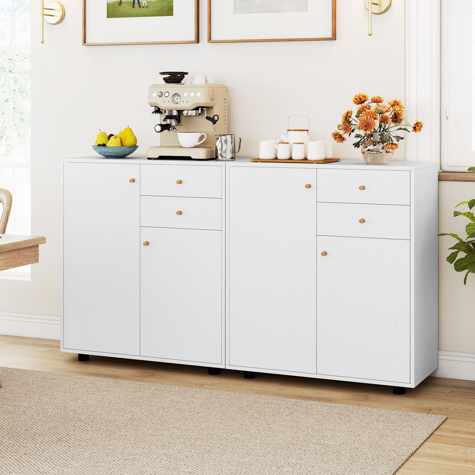 Kitchen Sideboard Buffet Cabinet with 3 Adjustable Shelves-White